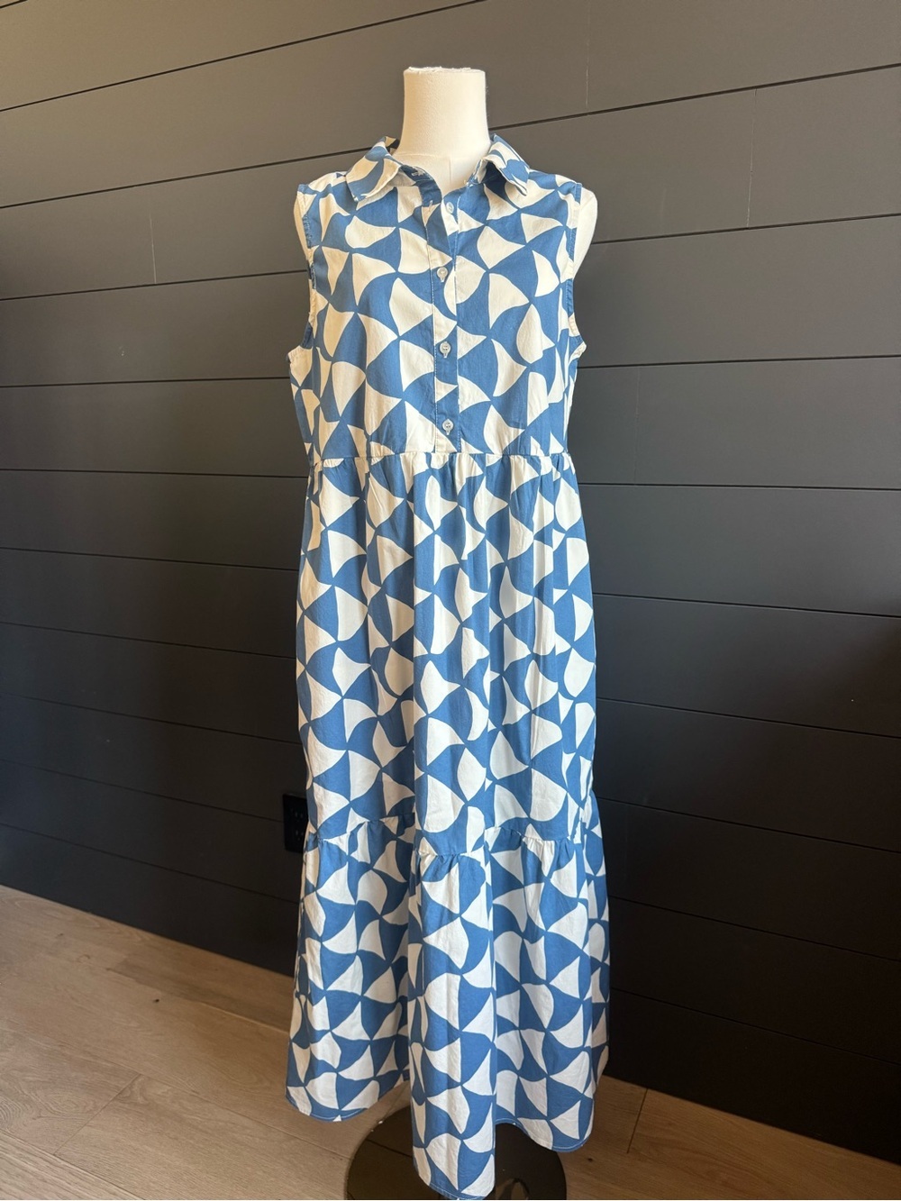 Rachel Zoe Blue & White Geometric Sleeveless Tiered Midi Dress Coastal Resort